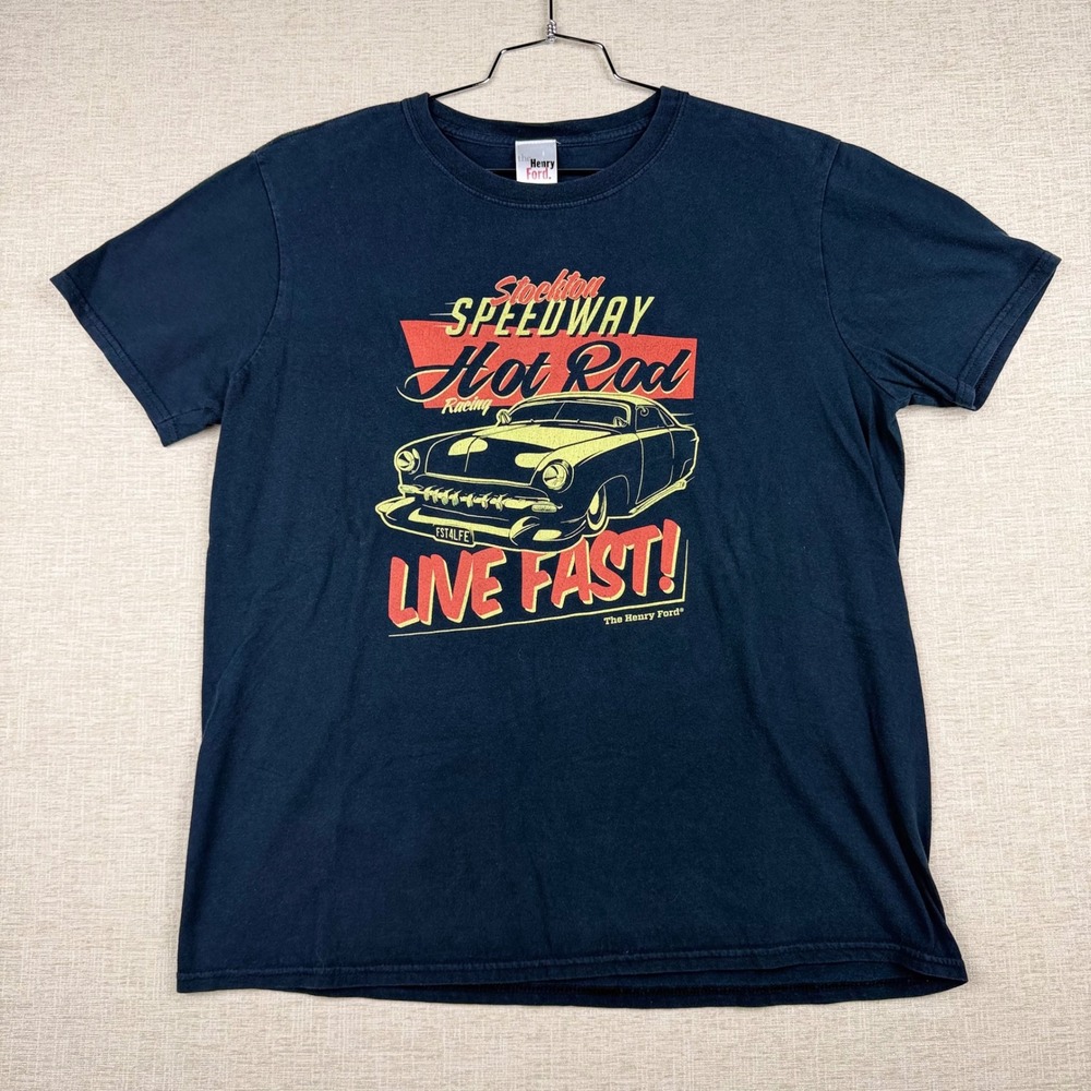 The Henry Ford Stockton Speedway Hot Rod Live Fast Graphic T-Shirt Blue Mens  L